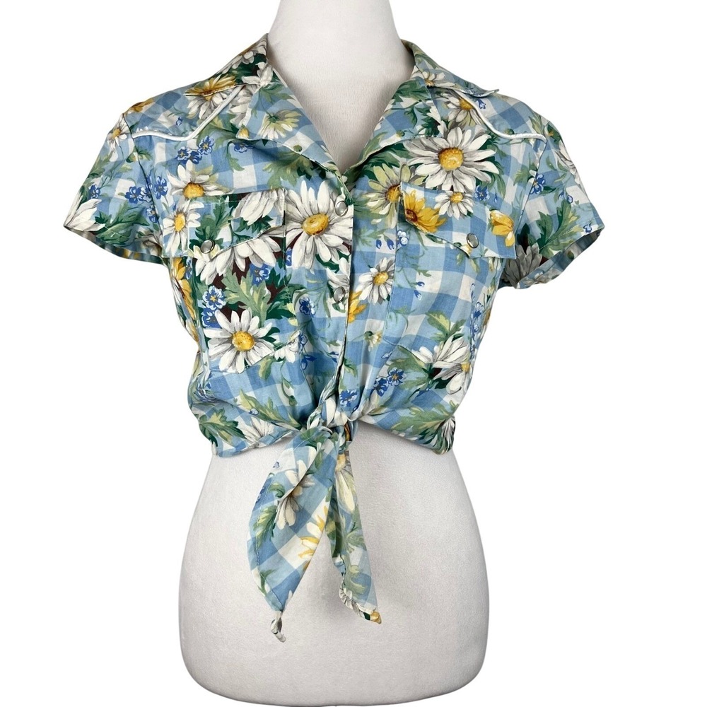Vintage Western Rockabilly Top Medium Gingham Snap Closure Blue Tie Front Daisy